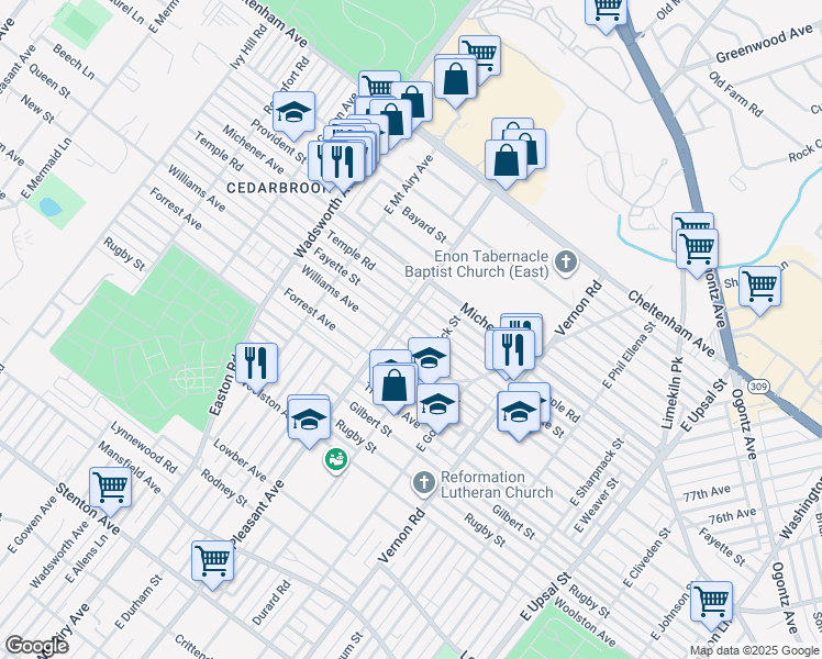 map of restaurants, bars, coffee shops, grocery stores, and more near 8132 Fayette Street in Philadelphia