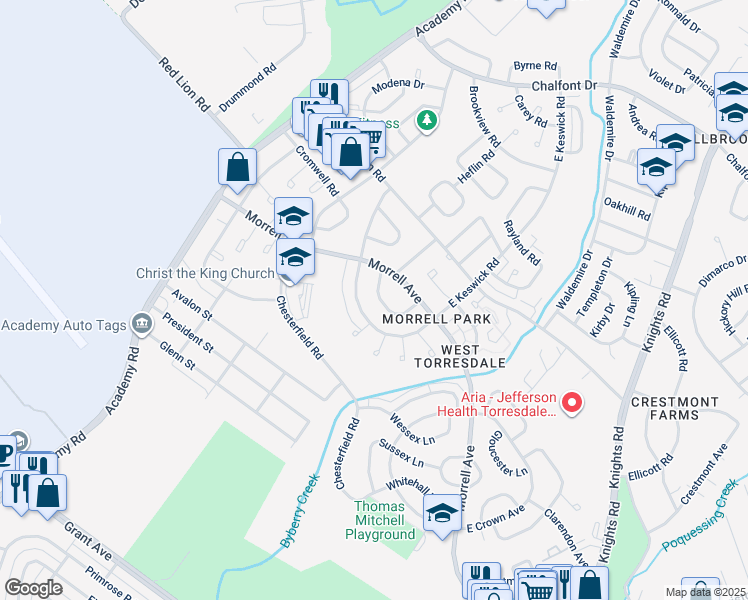 map of restaurants, bars, coffee shops, grocery stores, and more near 3330 Kayford Circle in Philadelphia