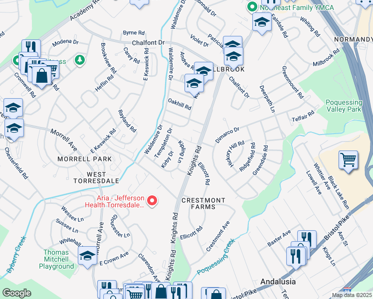map of restaurants, bars, coffee shops, grocery stores, and more near 10947 Kipling Lane in Philadelphia