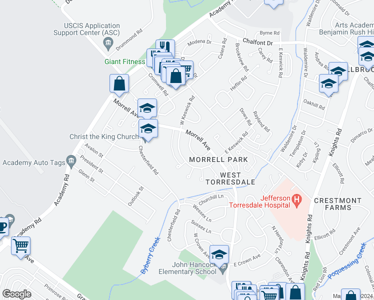 map of restaurants, bars, coffee shops, grocery stores, and more near 3330 Kayford Circle in Philadelphia