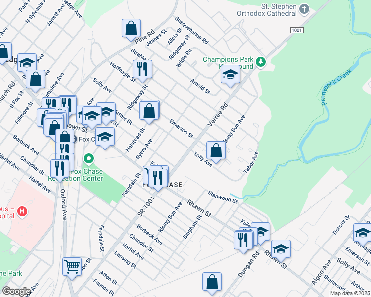 map of restaurants, bars, coffee shops, grocery stores, and more near 8156 Verree Road in Philadelphia