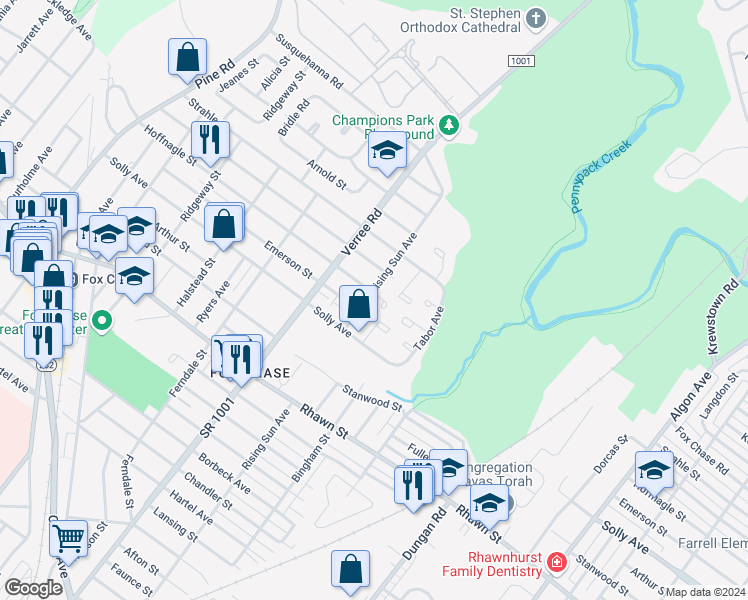 map of restaurants, bars, coffee shops, grocery stores, and more near 8241 Rising Sun Avenue in Philadelphia