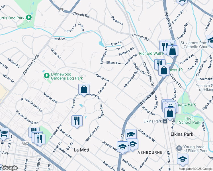map of restaurants, bars, coffee shops, grocery stores, and more near 7846 Cedar Lane in Elkins Park