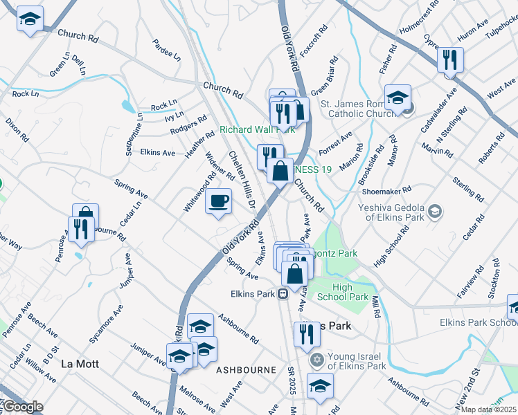 map of restaurants, bars, coffee shops, grocery stores, and more near 8010 Old York Road in Elkins Park