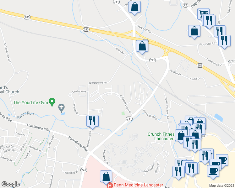 map of restaurants, bars, coffee shops, grocery stores, and more near 232 Colonial Crest Drive in Lancaster