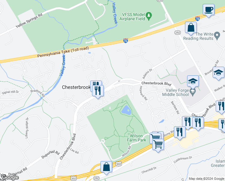 map of restaurants, bars, coffee shops, grocery stores, and more near 4 Cabot Drive in Chesterbrook