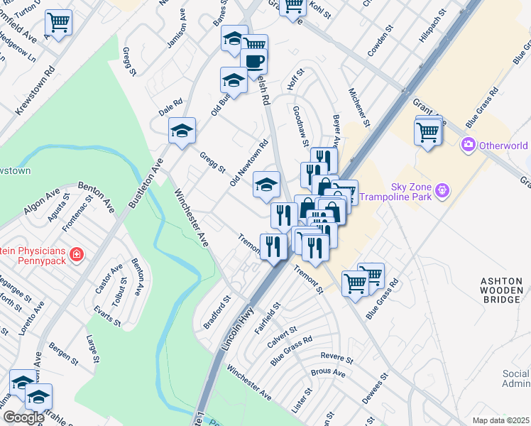 map of restaurants, bars, coffee shops, grocery stores, and more near 9151 Bickley Street in Philadelphia
