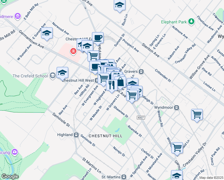 map of restaurants, bars, coffee shops, grocery stores, and more near 8430 Germantown Avenue in Philadelphia