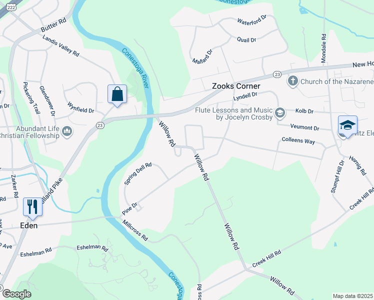map of restaurants, bars, coffee shops, grocery stores, and more near 812 Willow Road in Lancaster
