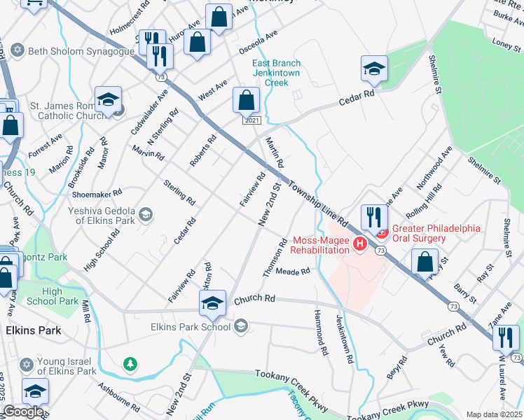 map of restaurants, bars, coffee shops, grocery stores, and more near 8312 New 2nd Street in Elkins Park