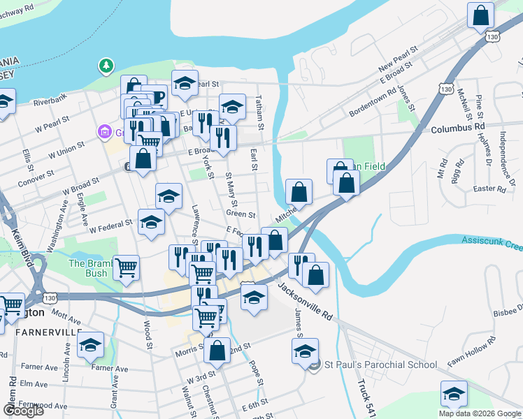 map of restaurants, bars, coffee shops, grocery stores, and more near 517 Linden Avenue in Burlington