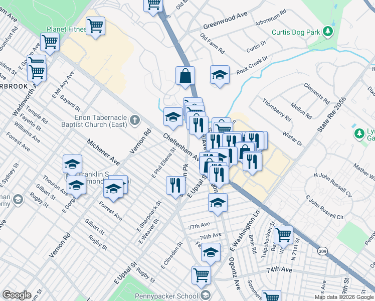map of restaurants, bars, coffee shops, grocery stores, and more near 8200 Limekiln Pike in Wyncote