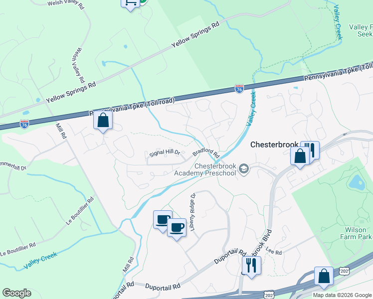 map of restaurants, bars, coffee shops, grocery stores, and more near 116 Reveille Road in Chesterbrook