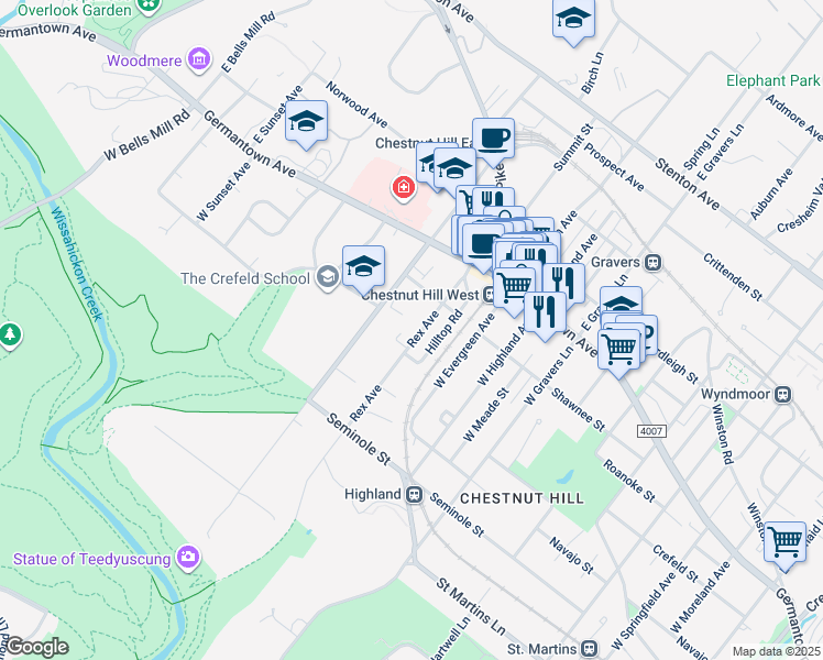map of restaurants, bars, coffee shops, grocery stores, and more near 129 Rex Avenue in Philadelphia