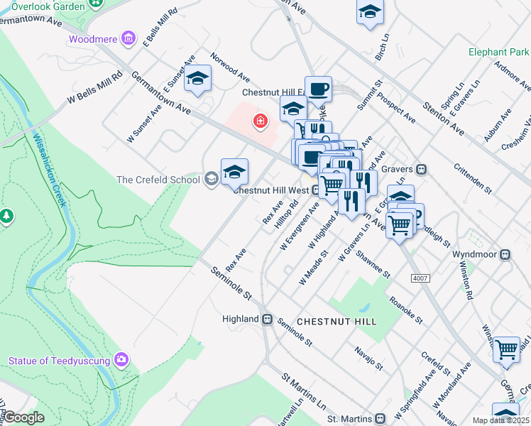 map of restaurants, bars, coffee shops, grocery stores, and more near 129 Rex Avenue in Philadelphia