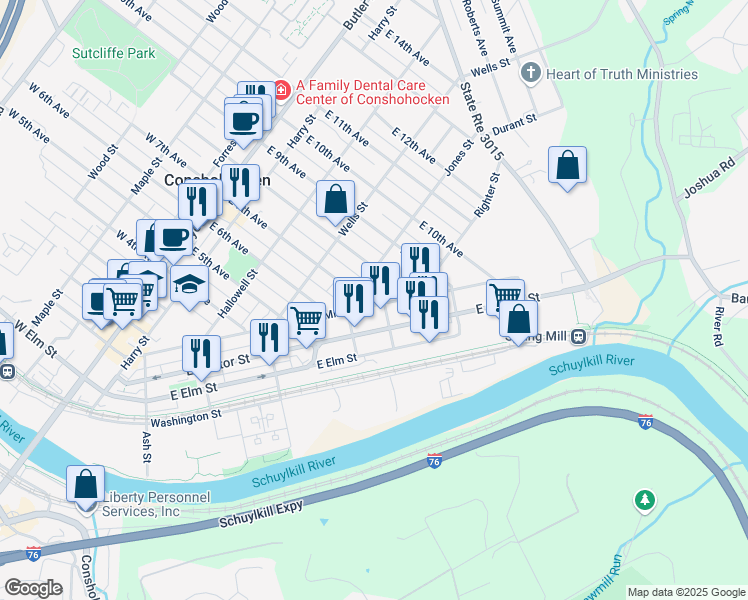 map of restaurants, bars, coffee shops, grocery stores, and more near 412 East 7th Avenue in Conshohocken