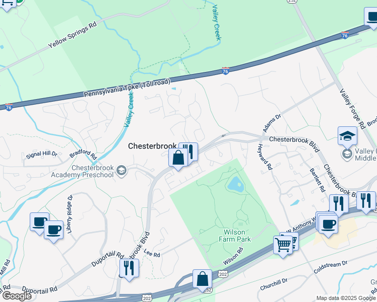 map of restaurants, bars, coffee shops, grocery stores, and more near 1702 Mountainview Drive in Chesterbrook