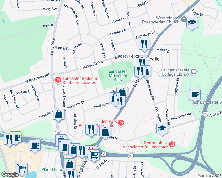 map of restaurants, bars, coffee shops, grocery stores, and more near 357 Murry Hill Drive in Lancaster