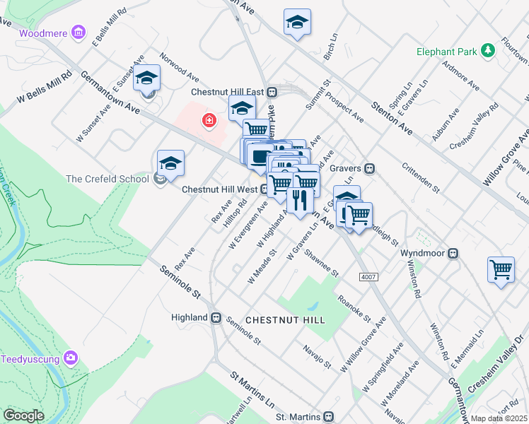 map of restaurants, bars, coffee shops, grocery stores, and more near 40 West Evergreen Avenue in Philadelphia