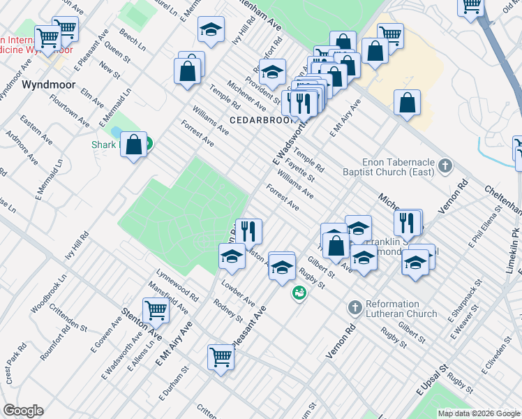 map of restaurants, bars, coffee shops, grocery stores, and more near 8301 Thouron Avenue in Philadelphia
