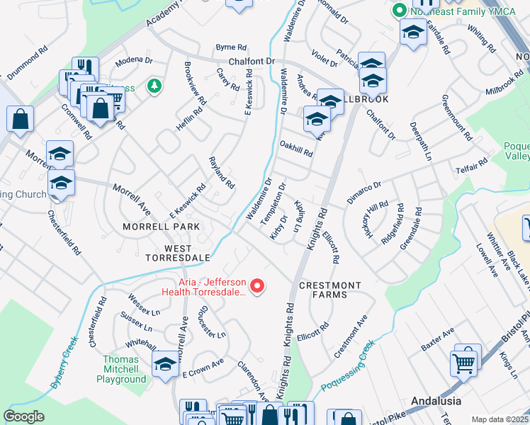 map of restaurants, bars, coffee shops, grocery stores, and more near 10920 Templeton Drive in Philadelphia
