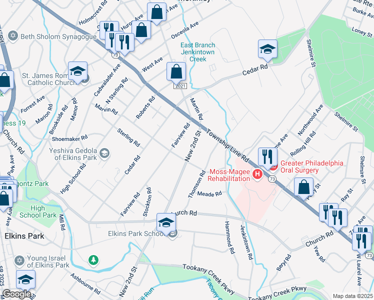 map of restaurants, bars, coffee shops, grocery stores, and more near 8312 New 2nd Street in Elkins Park