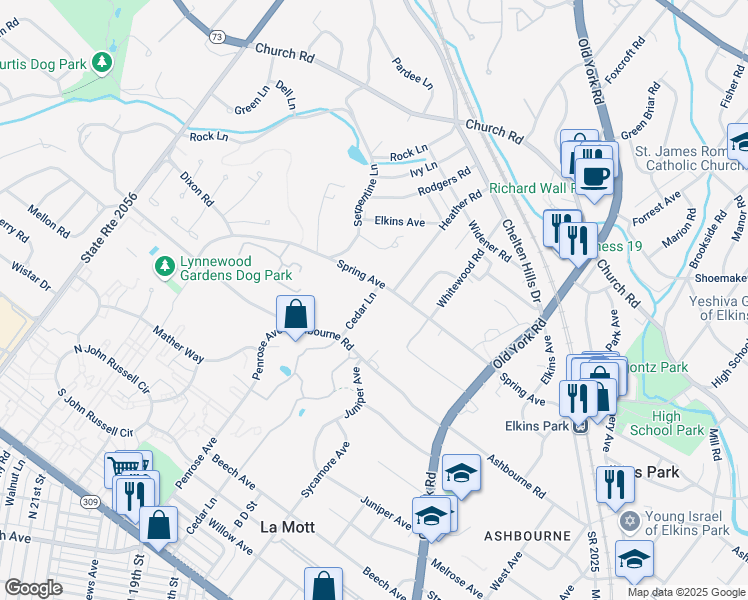 map of restaurants, bars, coffee shops, grocery stores, and more near 7846 Cedar Lane in Elkins Park