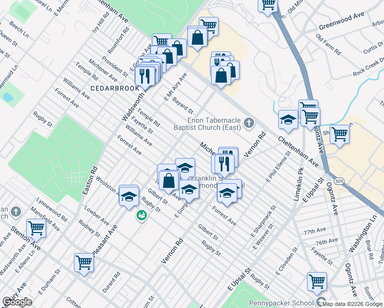 map of restaurants, bars, coffee shops, grocery stores, and more near 8102 Temple Road in Philadelphia