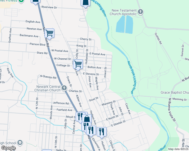 map of restaurants, bars, coffee shops, grocery stores, and more near 63 East Stevens Street in Newark