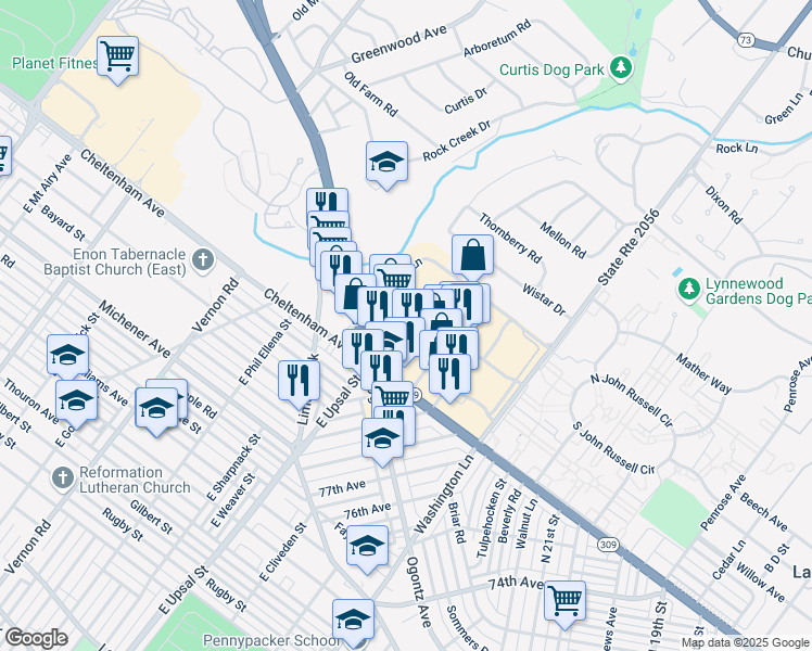 map of restaurants, bars, coffee shops, grocery stores, and more near 2451 West Cheltenham Avenue in Wyncote