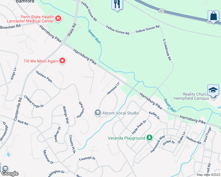 map of restaurants, bars, coffee shops, grocery stores, and more near 1356 Jasmine Lane in Lancaster