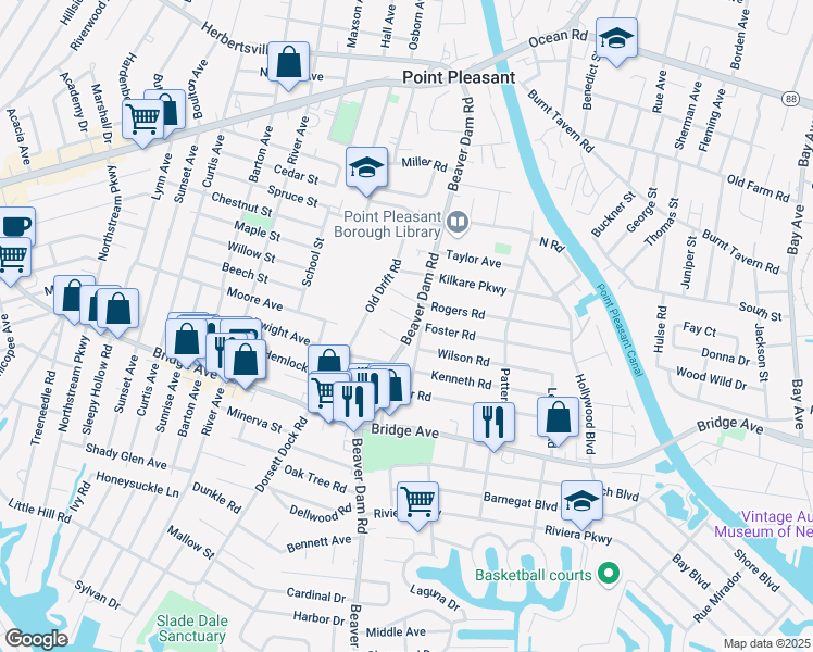 map of restaurants, bars, coffee shops, grocery stores, and more near 1103 Beaver Dam Road in Point Pleasant