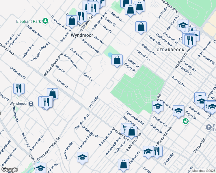 map of restaurants, bars, coffee shops, grocery stores, and more near 1003 Hazelwood Drive in Philadelphia