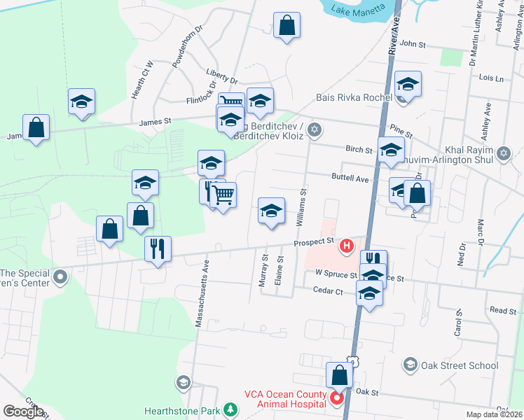 map of restaurants, bars, coffee shops, grocery stores, and more near 23 Majestic Way in Lakewood