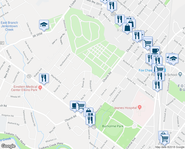 map of restaurants, bars, coffee shops, grocery stores, and more near 269 Shelmire Street in Jenkintown