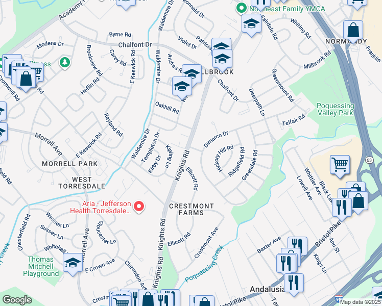 map of restaurants, bars, coffee shops, grocery stores, and more near 11005 Knights Road in Philadelphia
