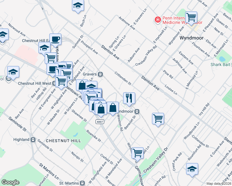 map of restaurants, bars, coffee shops, grocery stores, and more near 299 East Hartwell Lane in Philadelphia