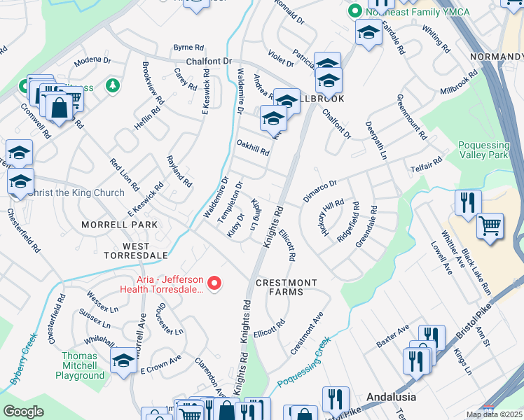 map of restaurants, bars, coffee shops, grocery stores, and more near 10949 Kipling Lane in Philadelphia