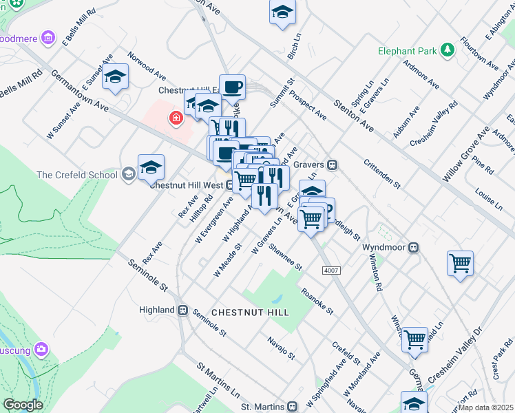 map of restaurants, bars, coffee shops, grocery stores, and more near 20 West Highland Avenue in Philadelphia