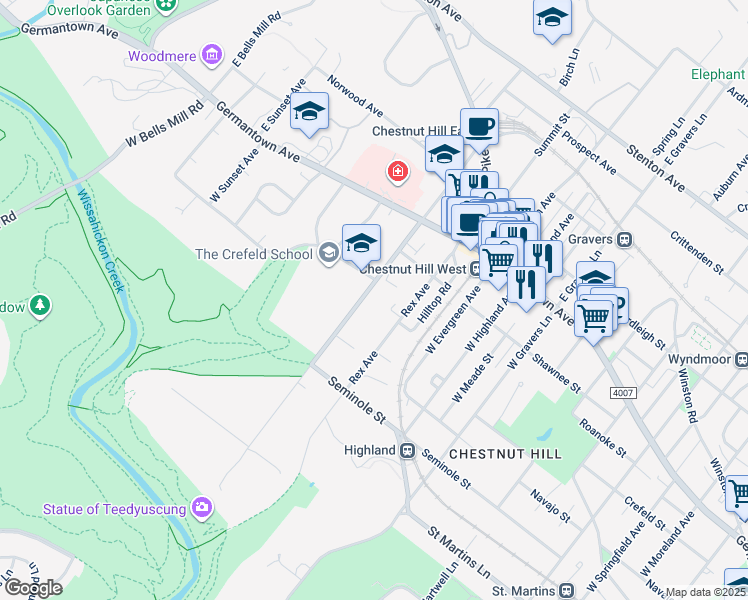 map of restaurants, bars, coffee shops, grocery stores, and more near 140 West Chestnut Hill Avenue in Philadelphia