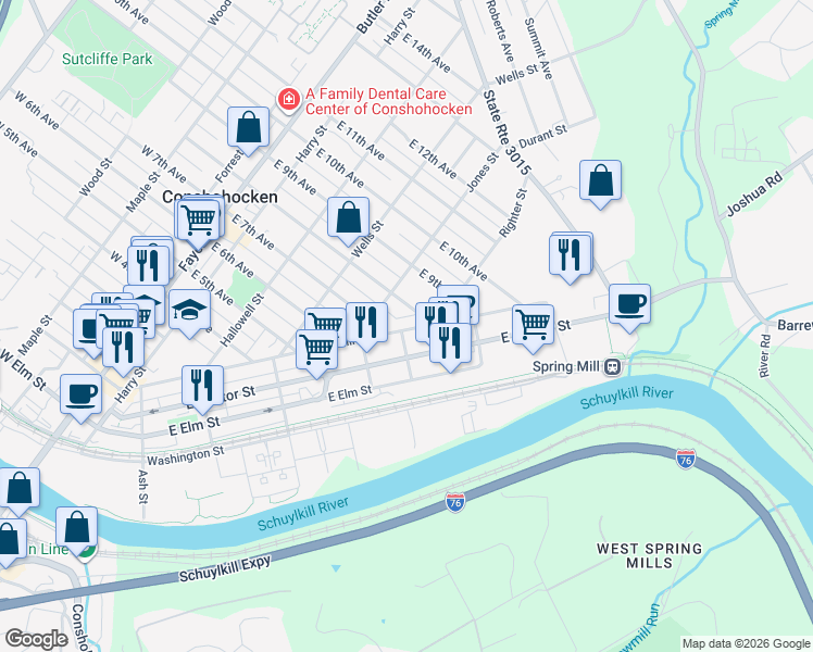 map of restaurants, bars, coffee shops, grocery stores, and more near 712 Spring Mill Avenue in Conshohocken