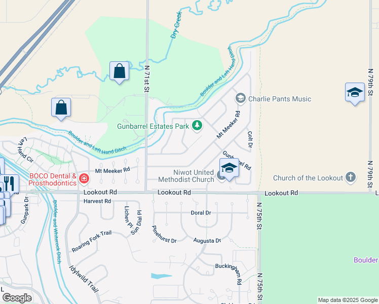 map of restaurants, bars, coffee shops, grocery stores, and more near 7260 Glacier View Road in Longmont