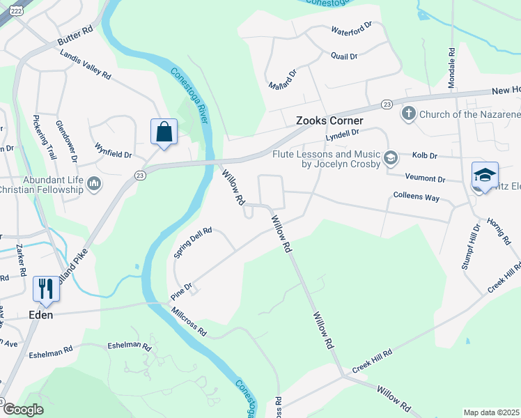map of restaurants, bars, coffee shops, grocery stores, and more near 812 Willow Road in Lancaster