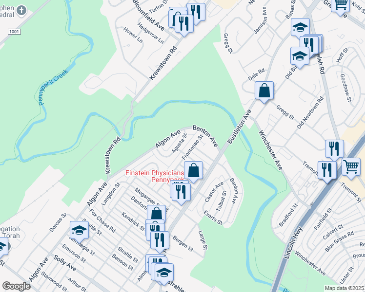 map of restaurants, bars, coffee shops, grocery stores, and more near 8635 Agusta Street in Philadelphia