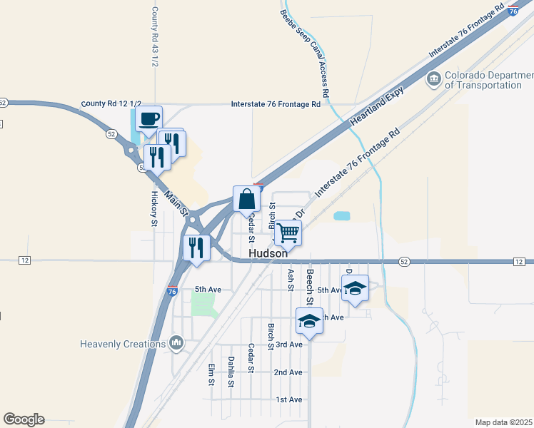 map of restaurants, bars, coffee shops, grocery stores, and more near 735 Birch Street in Hudson