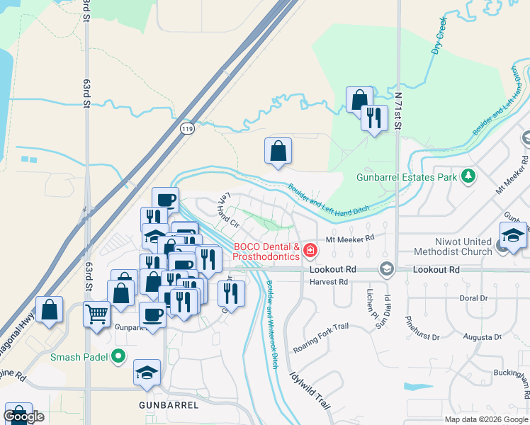 map of restaurants, bars, coffee shops, grocery stores, and more near 5637 Rim Rock Court in Boulder