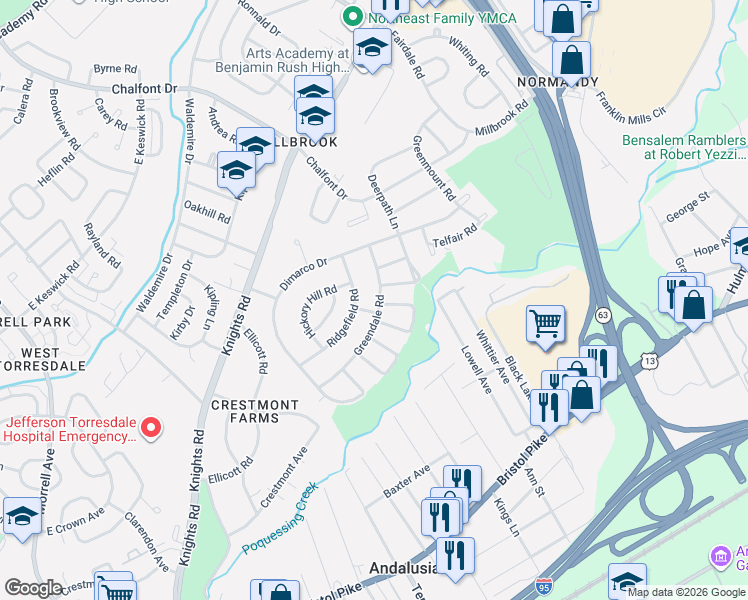 map of restaurants, bars, coffee shops, grocery stores, and more near 205 Ridgefield Road in Philadelphia