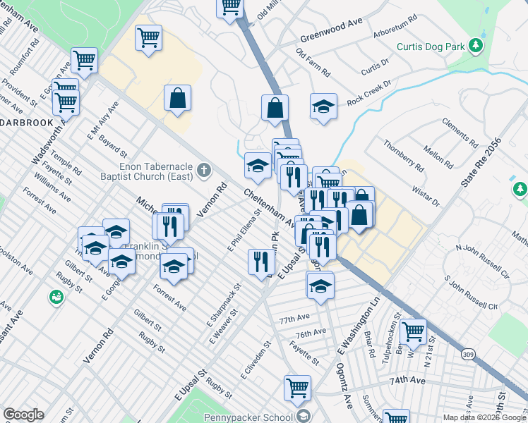 map of restaurants, bars, coffee shops, grocery stores, and more near 7905 Cedarbrook Avenue in Philadelphia