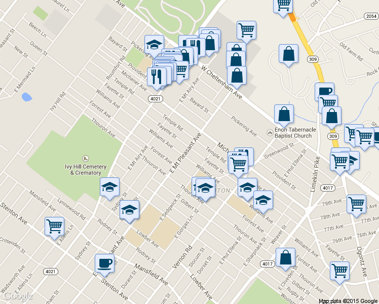 map of restaurants, bars, coffee shops, grocery stores, and more near 8132 Fayette Street in Philadelphia