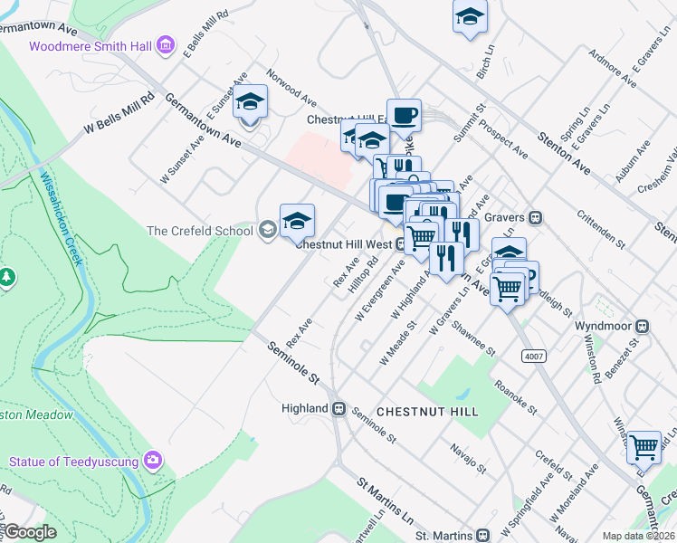 map of restaurants, bars, coffee shops, grocery stores, and more near 127 Rex Avenue in Philadelphia